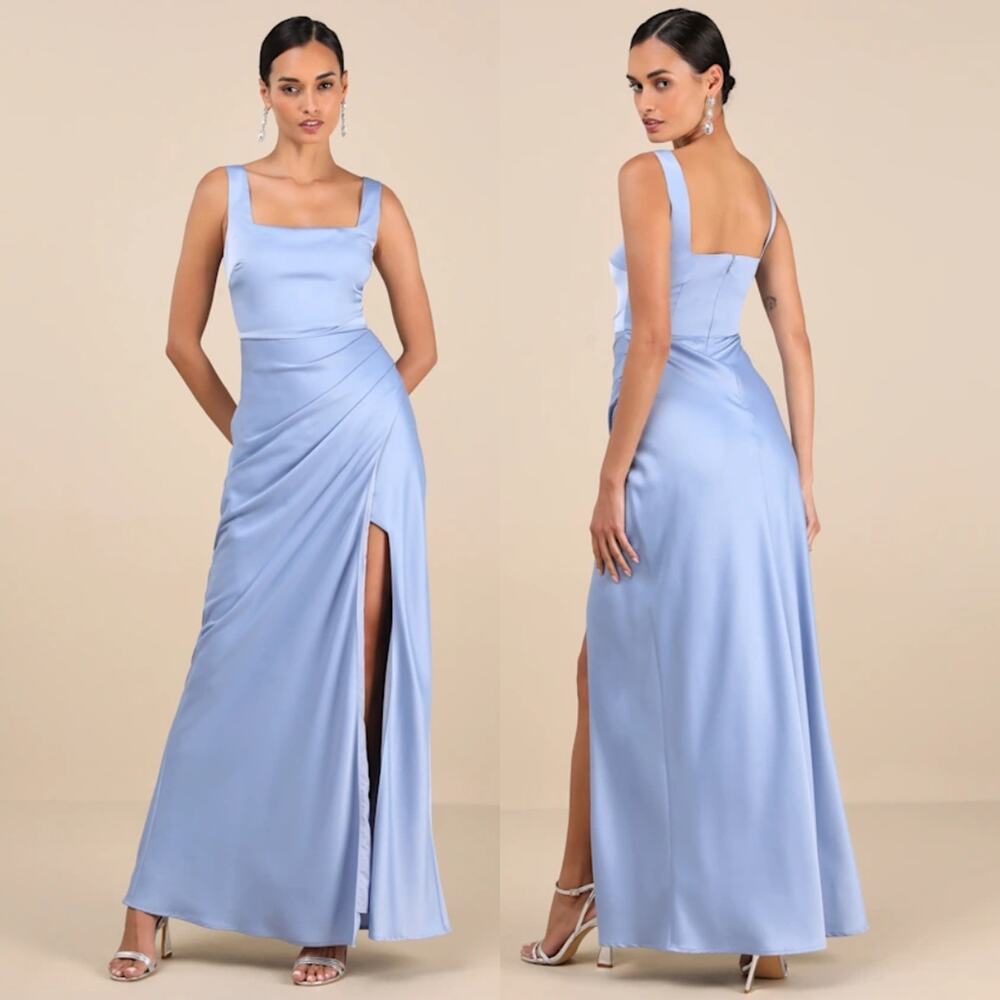 NWT Lulus Red Carpet Romance Light Blue Satin Square Neck Maxi Dress Size S